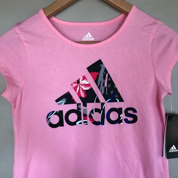 NWT Adidas Pink Floral Logo Short Sleeve Tee Youth - Picture 2 of 4